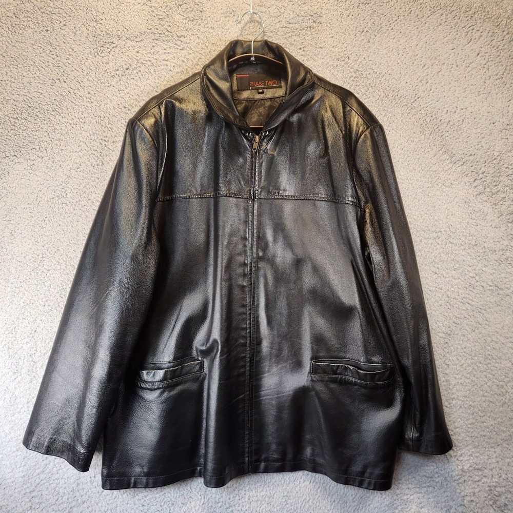 Phase Two Leather Coat Womens Size‎ 3X Black Jacket Full Zip Collared Pockets